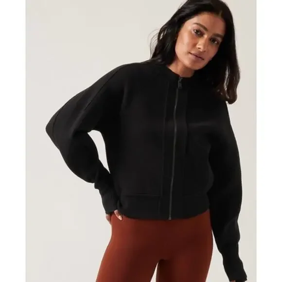NEW Athleta Sequoia Zip Up Sweater Cardigan Bomber Long Sleeve Black Medium - Picture 1 of 13